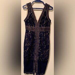 Bardot Navy Lace Strapless Sheath Dress with Gold Accents